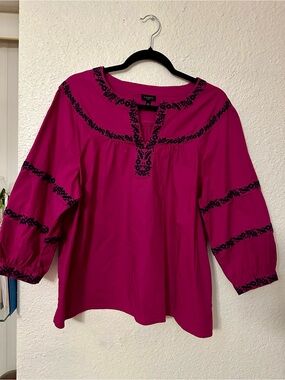 Talbots Magenta Peasant Blouse with Navy Blue Embroidery